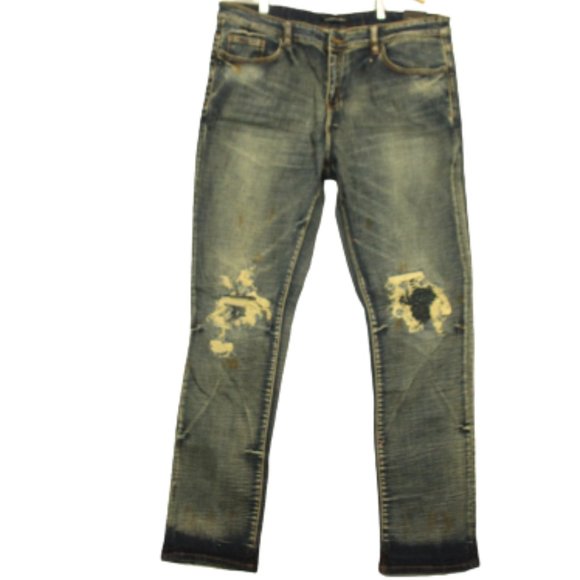 Embellish Men's Dark rust Distressed Biker Denim Streetwear Slim Fit Jeans sz 40 - Picture 1 of 11